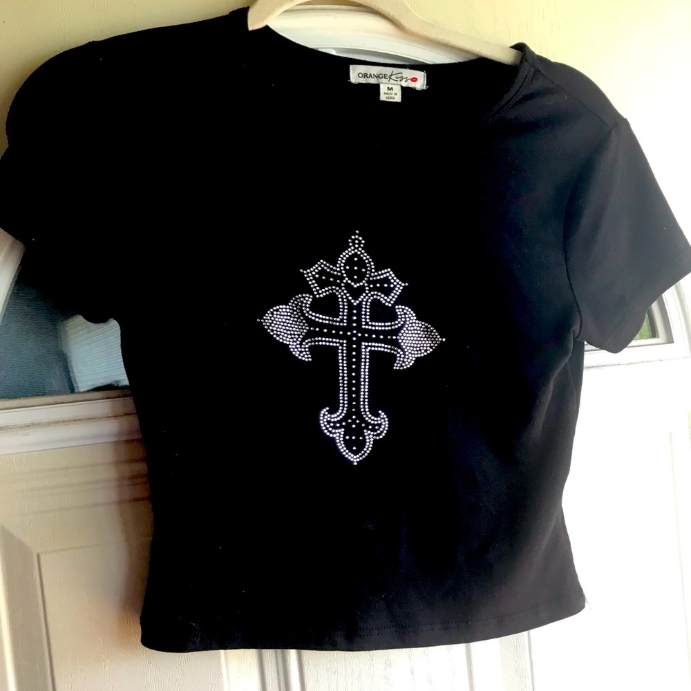 Black Crop Top with Rhinestone Cross